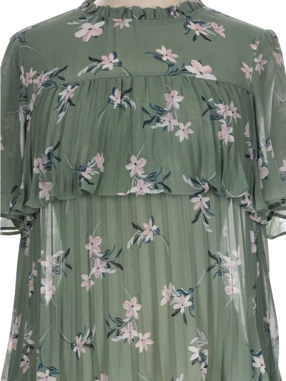 Love & Piece Sweet Olive Green Floral Pleated Ruffle Blouse with Flutter Sleeves - Picture 3 of 10